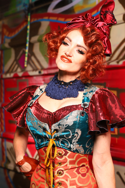 07. Cropped Courtier Overbust Corset in Teal Damask *PLEASE order by BUST Measurement, NOT waist!* - The Magic Carpet Ride Collection