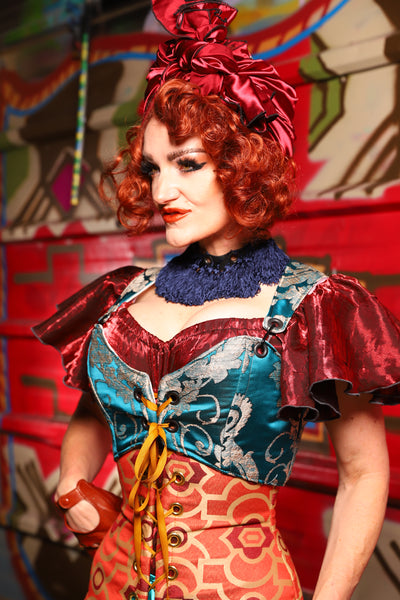 07. Cropped Courtier Overbust Corset in Teal Damask *PLEASE order by BUST Measurement, NOT waist!* - The Magic Carpet Ride Collection