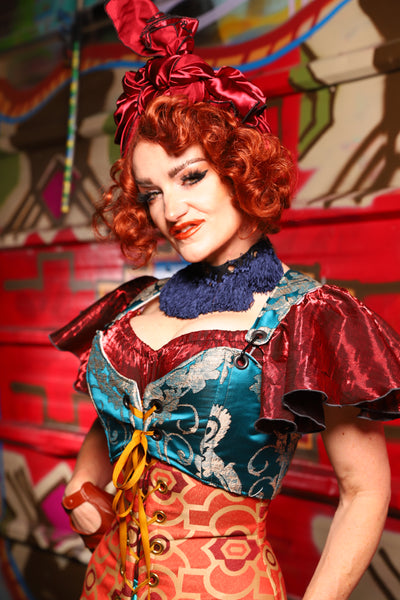 07. Cropped Courtier Overbust Corset in Teal Damask *PLEASE order by BUST Measurement, NOT waist!* - The Magic Carpet Ride Collection