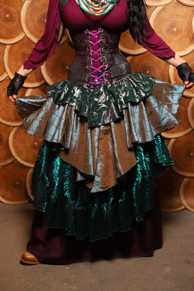 Deluxe 2-Tier Peplum Ruffle in Emerald & Silver Medallion w/ moonshadow pintuck - The Darling Starling Collection