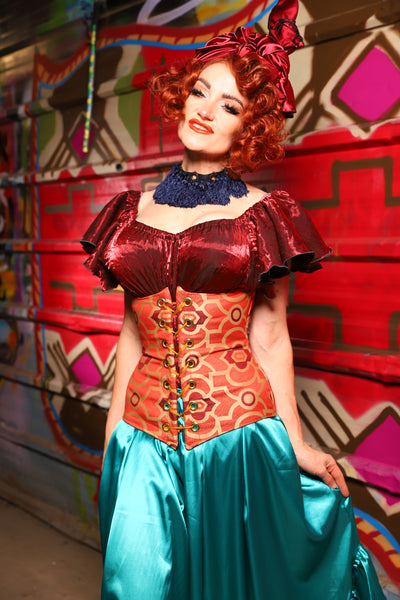 26. Wench Underbust Corset in Persimmon Mosaic - The Magic Carpet Ride Collection