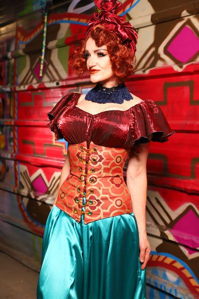 26. Wench Underbust Corset in Persimmon Mosaic - The Magic Carpet Ride Collection