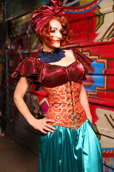 26. Wench Underbust Corset in Persimmon Mosaic - The Magic Carpet Ride Collection