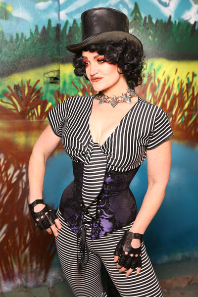 Swallowtail Corset in Black & Purple Medallion #39 - The Bells & Whistles Collection