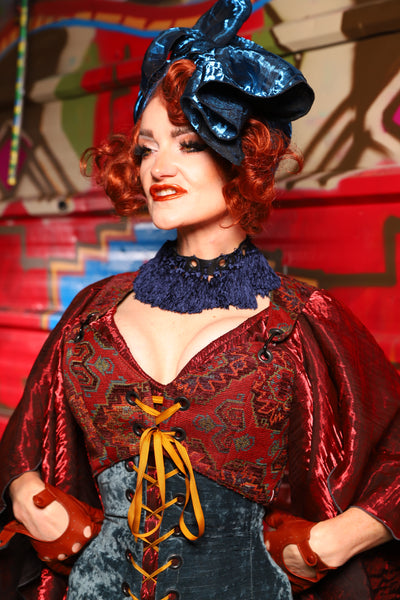 06. Cropped Courtier Overbust Corset in Phoenix Feather Upholstery *PLEASE order by BUST Measurement, NOT waist!* - The Magic Carpet Ride Collection