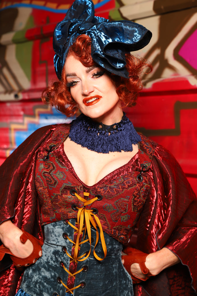 06. Cropped Courtier Overbust Corset in Phoenix Feather Upholstery *PLEASE order by BUST Measurement, NOT waist!* - The Magic Carpet Ride Collection