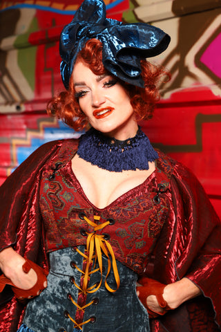 06. Cropped Courtier Overbust Corset in Phoenix Feather Upholstery *PLEASE order by BUST Measurement, NOT waist!* - The Magic Carpet Ride Collection