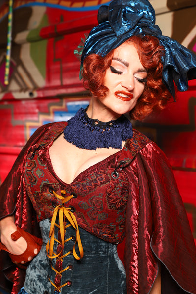 06. Cropped Courtier Overbust Corset in Phoenix Feather Upholstery *PLEASE order by BUST Measurement, NOT waist!* - The Magic Carpet Ride Collection