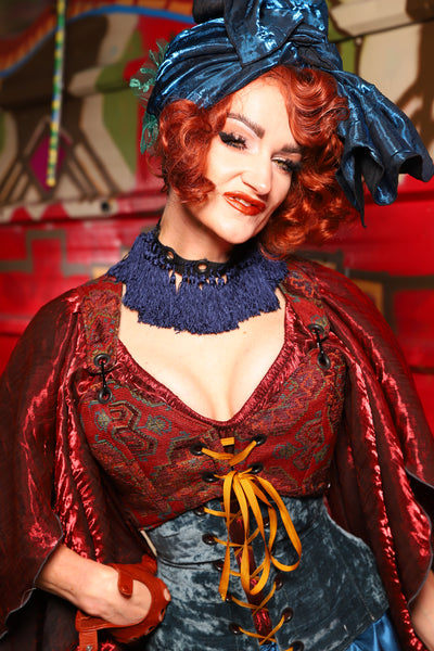 06. Cropped Courtier Overbust Corset in Phoenix Feather Upholstery *PLEASE order by BUST Measurement, NOT waist!* - The Magic Carpet Ride Collection