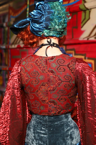 06. Cropped Courtier Overbust Corset in Phoenix Feather Upholstery *PLEASE order by BUST Measurement, NOT waist!* - The Magic Carpet Ride Collection