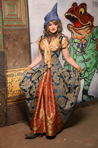 Queenie Corseted Coat with PETITE Vixen Base in French Blue & Gold Damask - The Forest Fables Collection