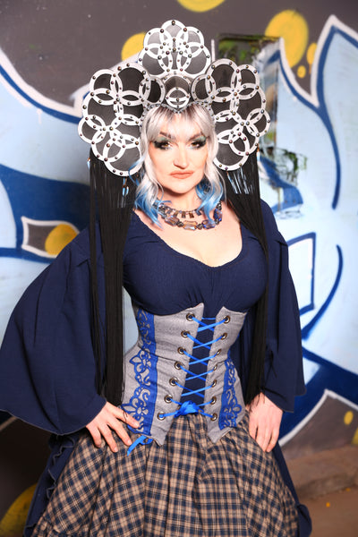 Torian Corset in Gray Paisley With Blue Suede Details- "Dancing in the Moonlight" Collection  #36