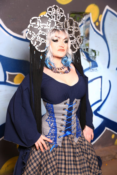 Torian Corset in Gray Paisley With Blue Suede Details- "Dancing in the Moonlight" Collection  #36