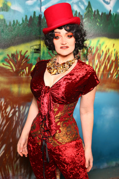 Swallowtail Corset in Red & Gold Large Medallion #47 - The Bells & Whistles Collection