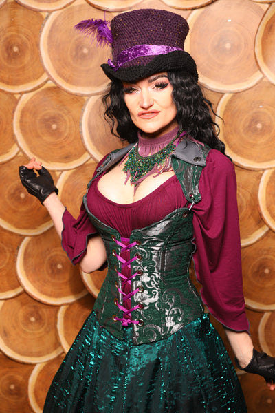 Petite Crossfire Overbust Corset w/Voyager Straps in Emerald and Silver Medallion - The Darling Starling Collection