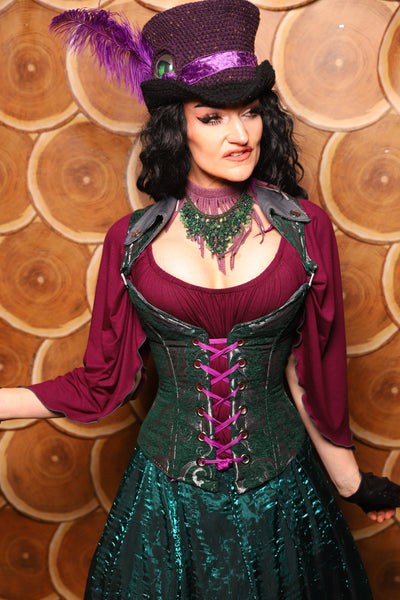 Petite Crossfire Overbust Corset w/Voyager Straps in Emerald and Silver Medallion - The Darling Starling Collection