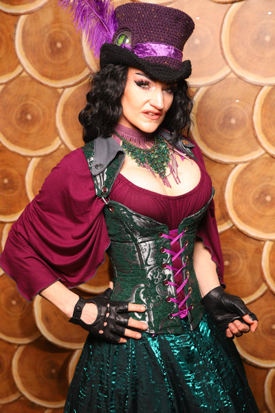 Petite Crossfire Overbust Corset w/Voyager Straps in Emerald and Silver Medallion - The Darling Starling Collection