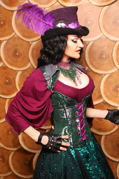 Petite Crossfire Overbust Corset w/Voyager Straps in Emerald and Silver Medallion - The Darling Starling Collection