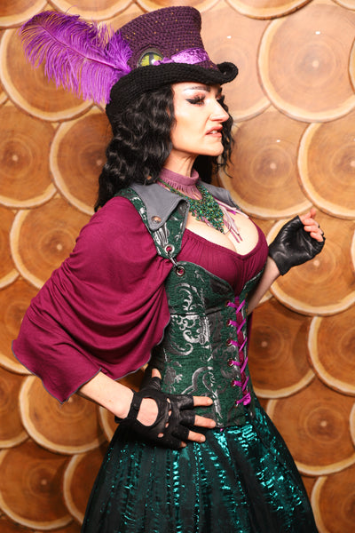 Petite Crossfire Overbust Corset w/Voyager Straps in Emerald and Silver Medallion - The Darling Starling Collection