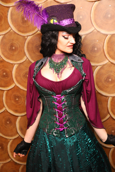 Petite Crossfire Overbust Corset w/Voyager Straps in Emerald and Silver Medallion - The Darling Starling Collection