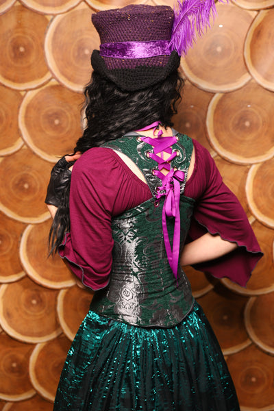 Petite Crossfire Overbust Corset w/Voyager Straps in Emerald and Silver Medallion - The Darling Starling Collection