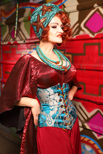 27. Wench Underbust Corset in Teal Damask - The Magic Carpet Ride Collection
