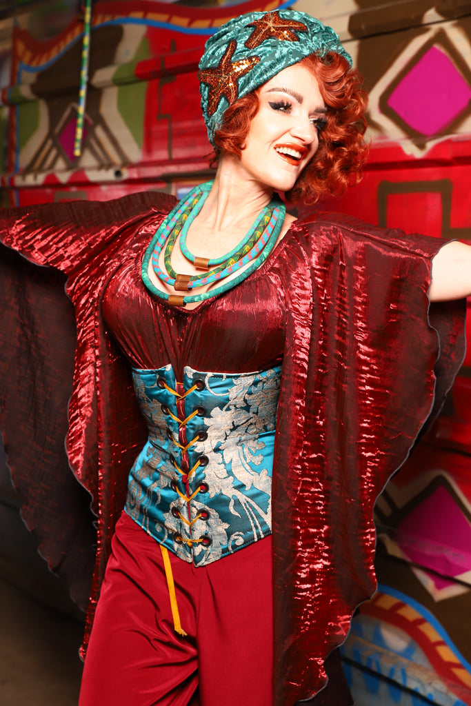 27. Wench Underbust Corset in Teal Damask - The Magic Carpet Ride Collection