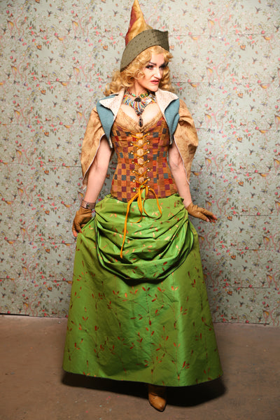 48. Swagger Skirt with Front Bustle in Green Golden Leaves - March of the Ides Collection