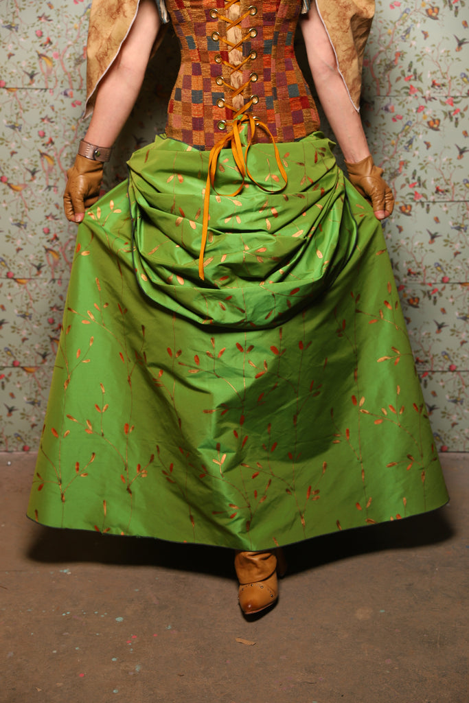 48. Swagger Skirt with Front Bustle in Green Golden Leaves - March of the Ides Collection