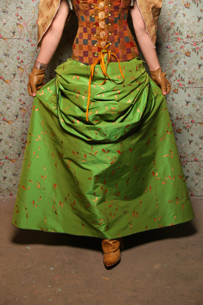 48. Swagger Skirt with Front Bustle in Green Golden Leaves - March of the Ides Collection