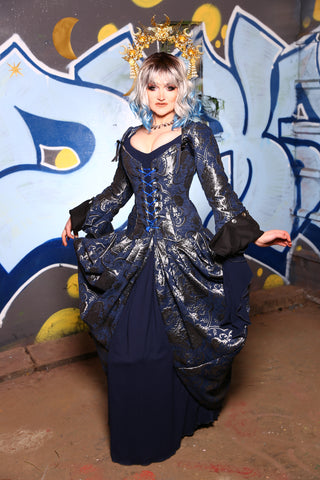 Queenie Split Front Overskirt w/ Big Pocket in Navy and Silver Medallion - "Dancing in the Moonlight" Collection #30