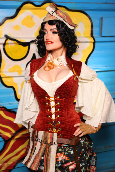 Overbust Corset w/Detachable Arch Collar in Redwood Basket Weave - "Wakey Wakey Eggs & Bakey" Collection