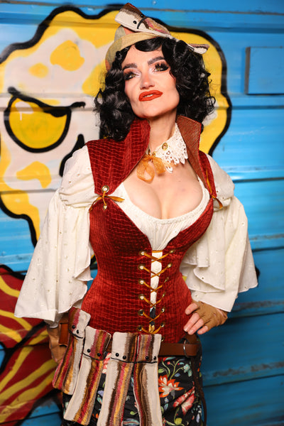 Overbust Corset w/Detachable Arch Collar in Redwood Basket Weave - "Wakey Wakey Eggs & Bakey" Collection