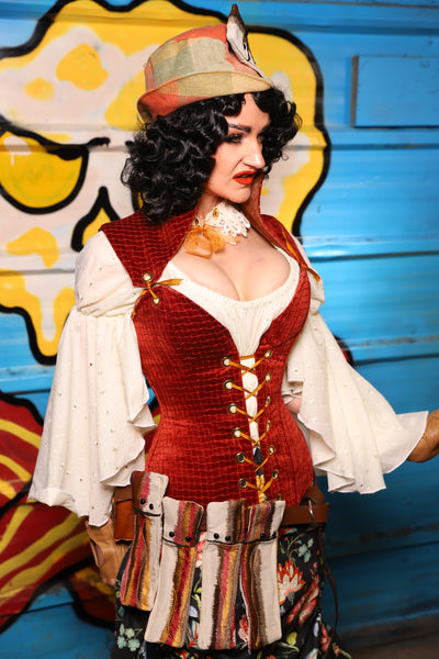 Overbust Corset w/Detachable Arch Collar in Redwood Basket Weave - "Wakey Wakey Eggs & Bakey" Collection