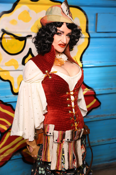 Overbust Corset w/Detachable Arch Collar in Redwood Basket Weave - "Wakey Wakey Eggs & Bakey" Collection