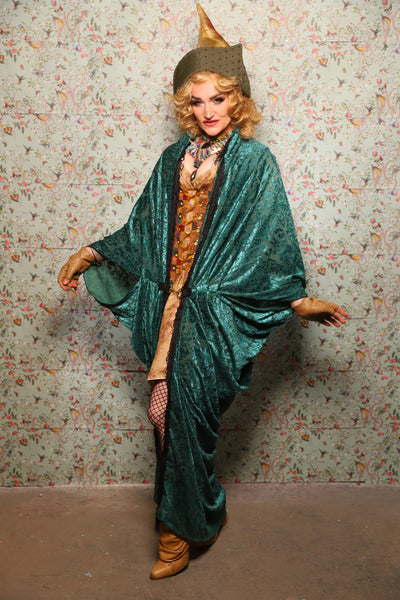 10. Cocoon Robe in Teal Burnout Stretch Velvet Damask - March of the Ides Collection