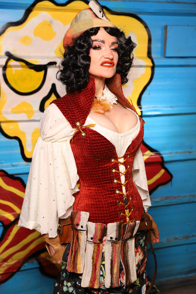 Overbust Corset w/Detachable Arch Collar in Redwood Basket Weave - "Wakey Wakey Eggs & Bakey" Collection