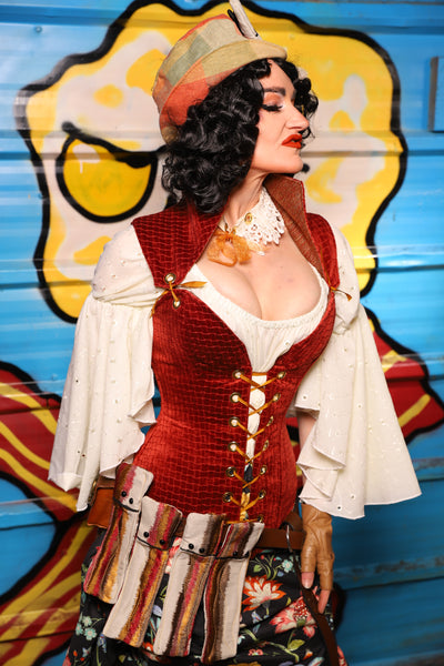 Overbust Corset w/Detachable Arch Collar in Redwood Basket Weave - "Wakey Wakey Eggs & Bakey" Collection