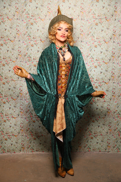 10. Cocoon Robe in Teal Burnout Stretch Velvet Damask - March of the Ides Collection