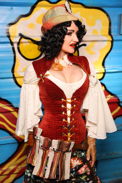 Overbust Corset w/Detachable Arch Collar in Redwood Basket Weave - "Wakey Wakey Eggs & Bakey" Collection