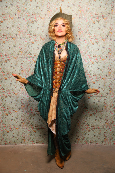 10. Cocoon Robe in Teal Burnout Stretch Velvet Damask - March of the Ides Collection