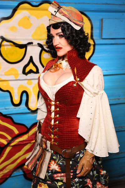 Overbust Corset w/Detachable Arch Collar in Redwood Basket Weave - "Wakey Wakey Eggs & Bakey" Collection