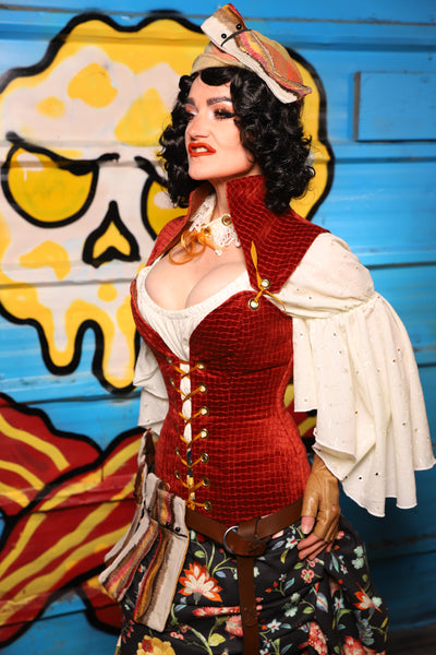 Overbust Corset w/Detachable Arch Collar in Redwood Basket Weave - "Wakey Wakey Eggs & Bakey" Collection