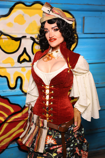 Overbust Corset w/Detachable Arch Collar in Redwood Basket Weave - "Wakey Wakey Eggs & Bakey" Collection