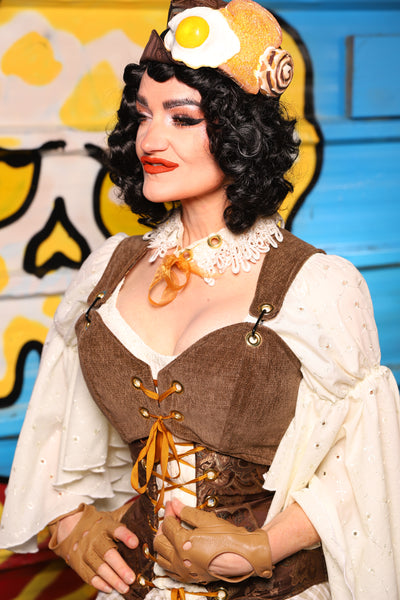 Cropped Courtier Overbust in Flapjacks – "Wakey Wakey Eggs & Bakey" Collection