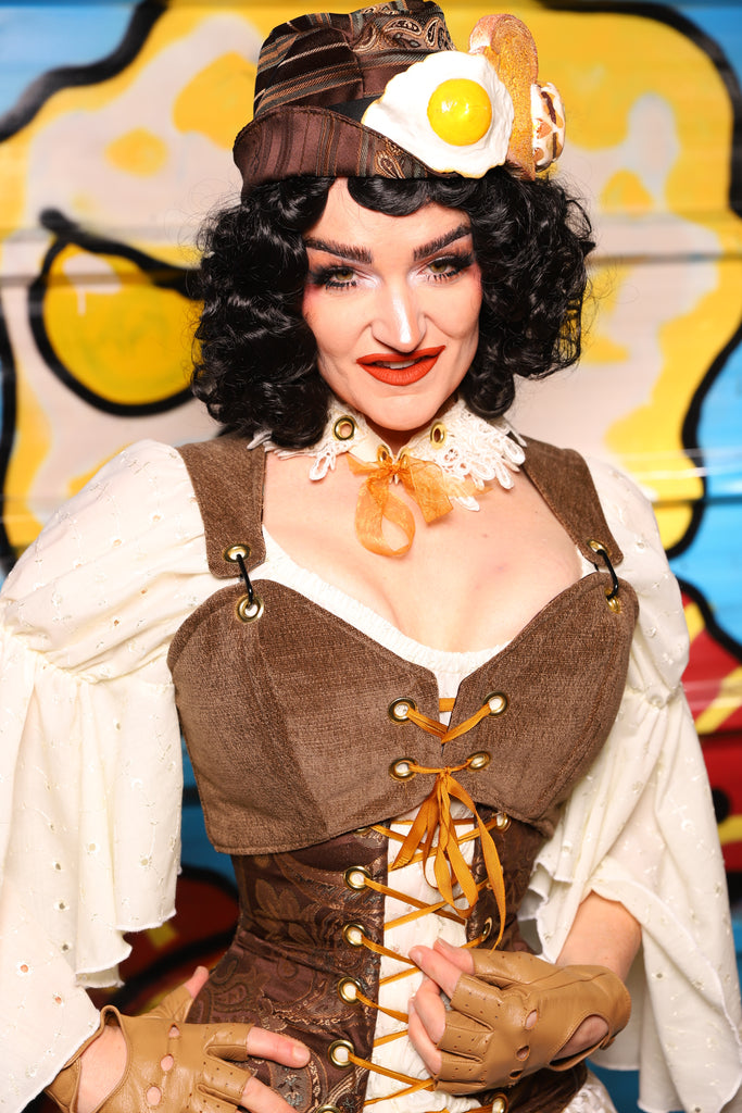Cropped Courtier Overbust in Flapjacks – "Wakey Wakey Eggs & Bakey" Collection