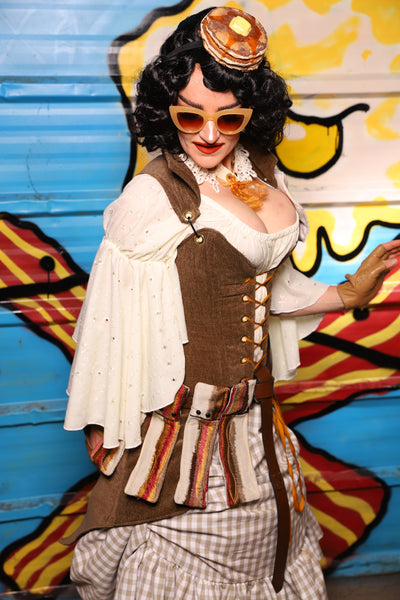 Petite Overbust Tailed Corset in Brown Heather - "Wakey Wakey Eggs & Bakey" Collection