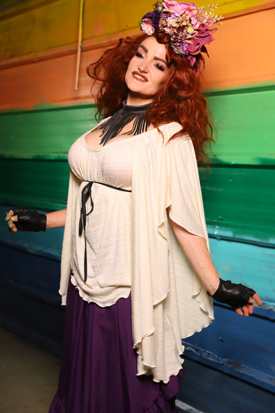 Classic Blouse w/Waterfall sleeves in Ivory Stretch Lightweight Rayon Knit - FriYAY Restock!