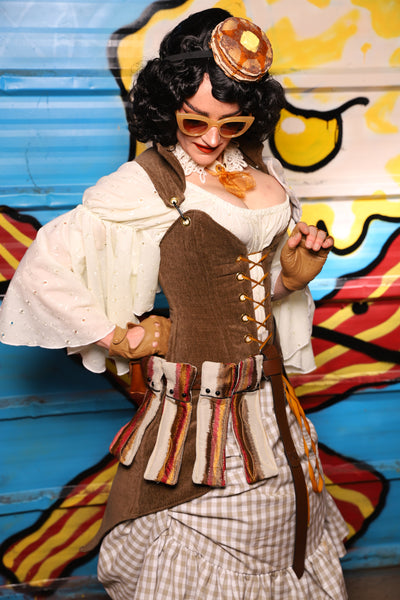Petite Overbust Tailed Corset in Brown Heather - "Wakey Wakey Eggs & Bakey" Collection