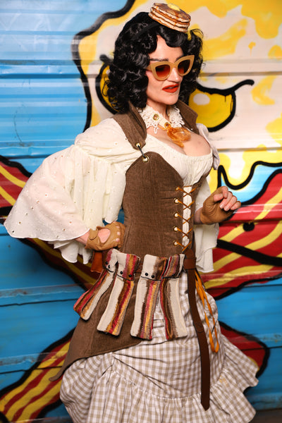 Petite Overbust Tailed Corset in Brown Heather - "Wakey Wakey Eggs & Bakey" Collection